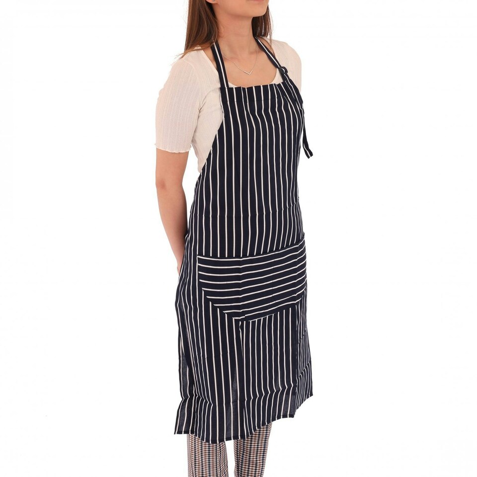 image 1 of Oypla Adult Cotton Blue & White Butcher Stripe Chefs Apron with Pockets Black