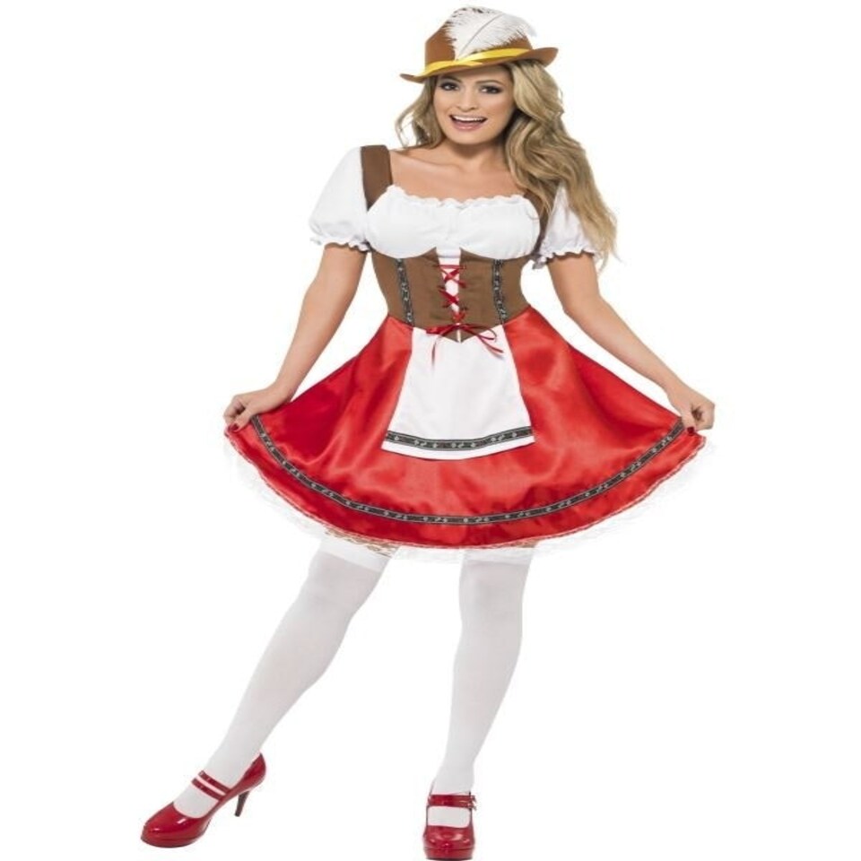 Bavarian Wench Costume - White & Red - Dress with Attached Apron - 30092M