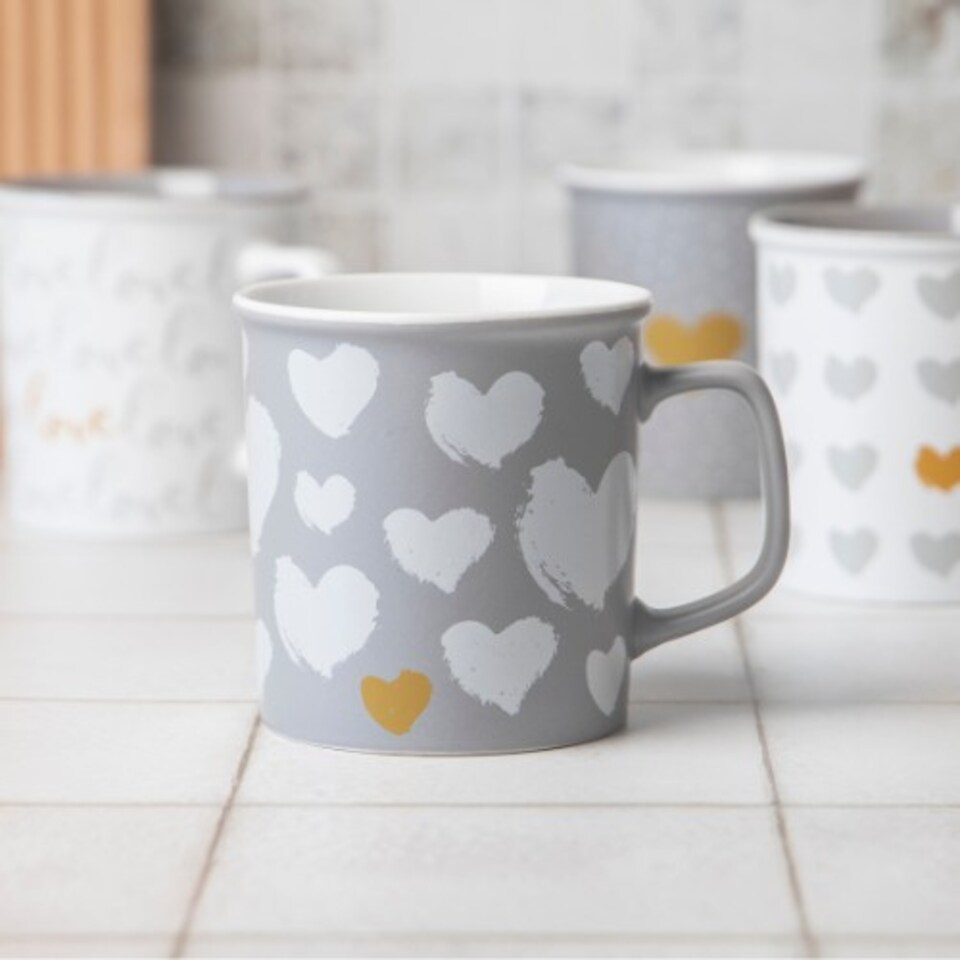 image 1 of Romantic Love Heart Print Ceramic Mug 440ml | Grey | Sweetheart Grey Hearts | 440ml | 1