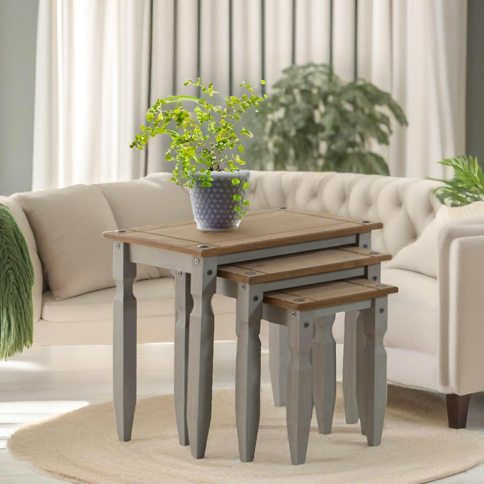 image 1 of Set Of 3 Pine Nesting Tables Grey Brown