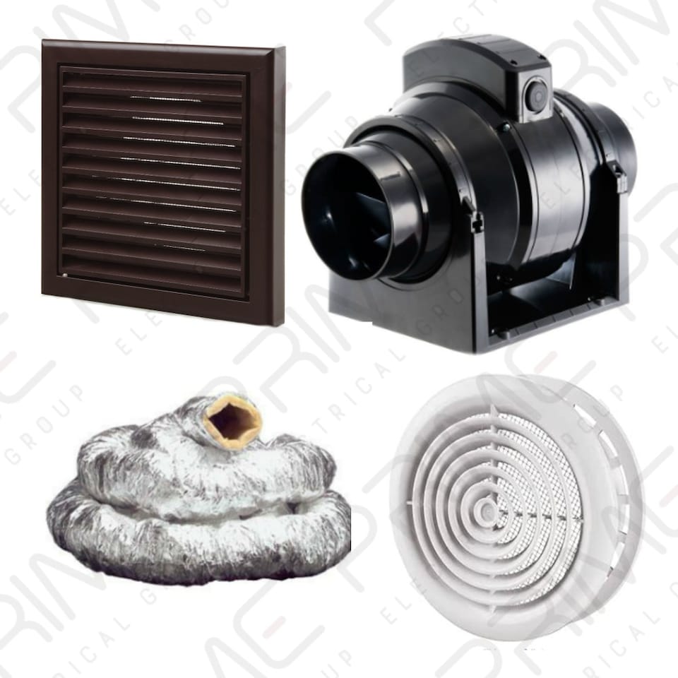 Manrose MF100T In-Line Timer Fan 100mm/4"+ 3m Insulated Duct and White Internal Grille and Brown External Grille