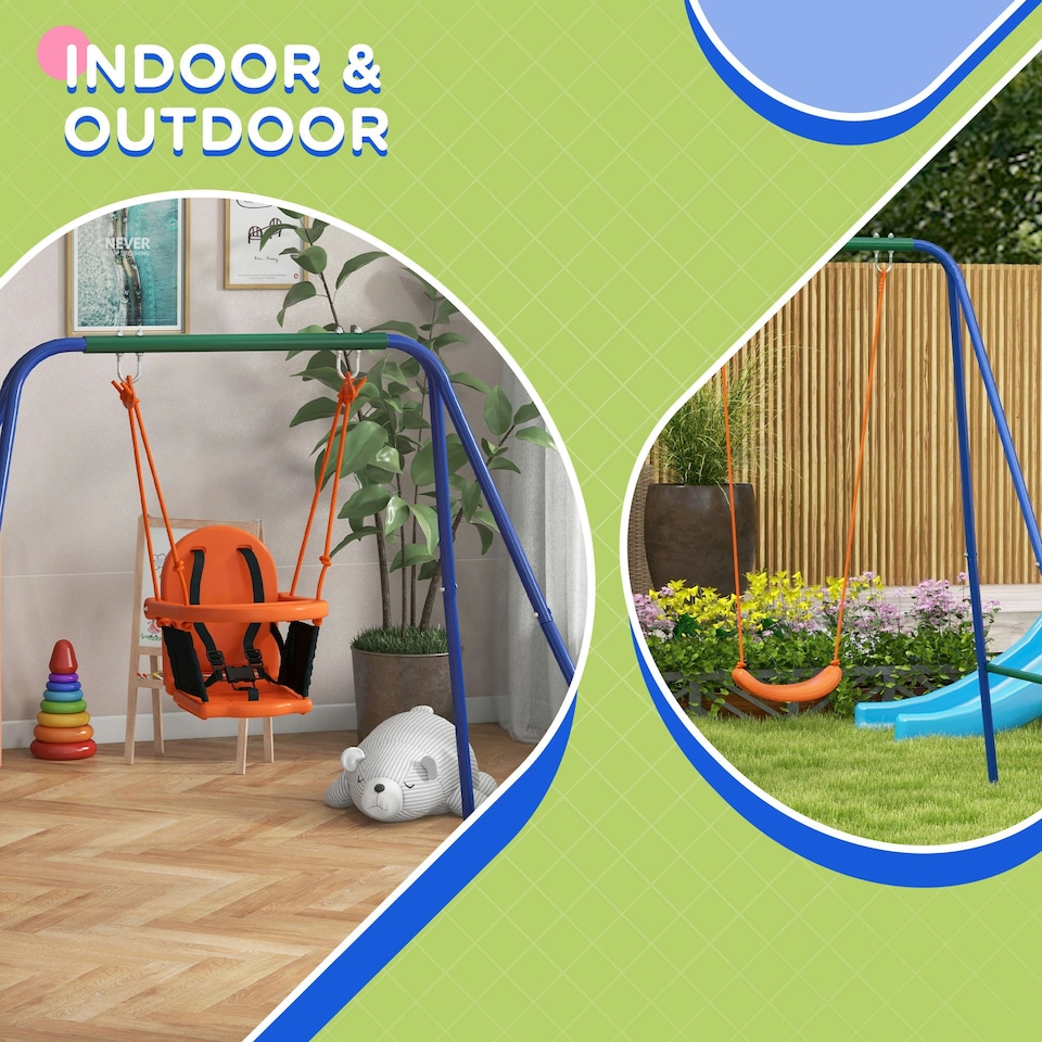 image 1 of Outsunny Garden Swing Set for Toddlers w/ Safety Belt - Orange and Blue
