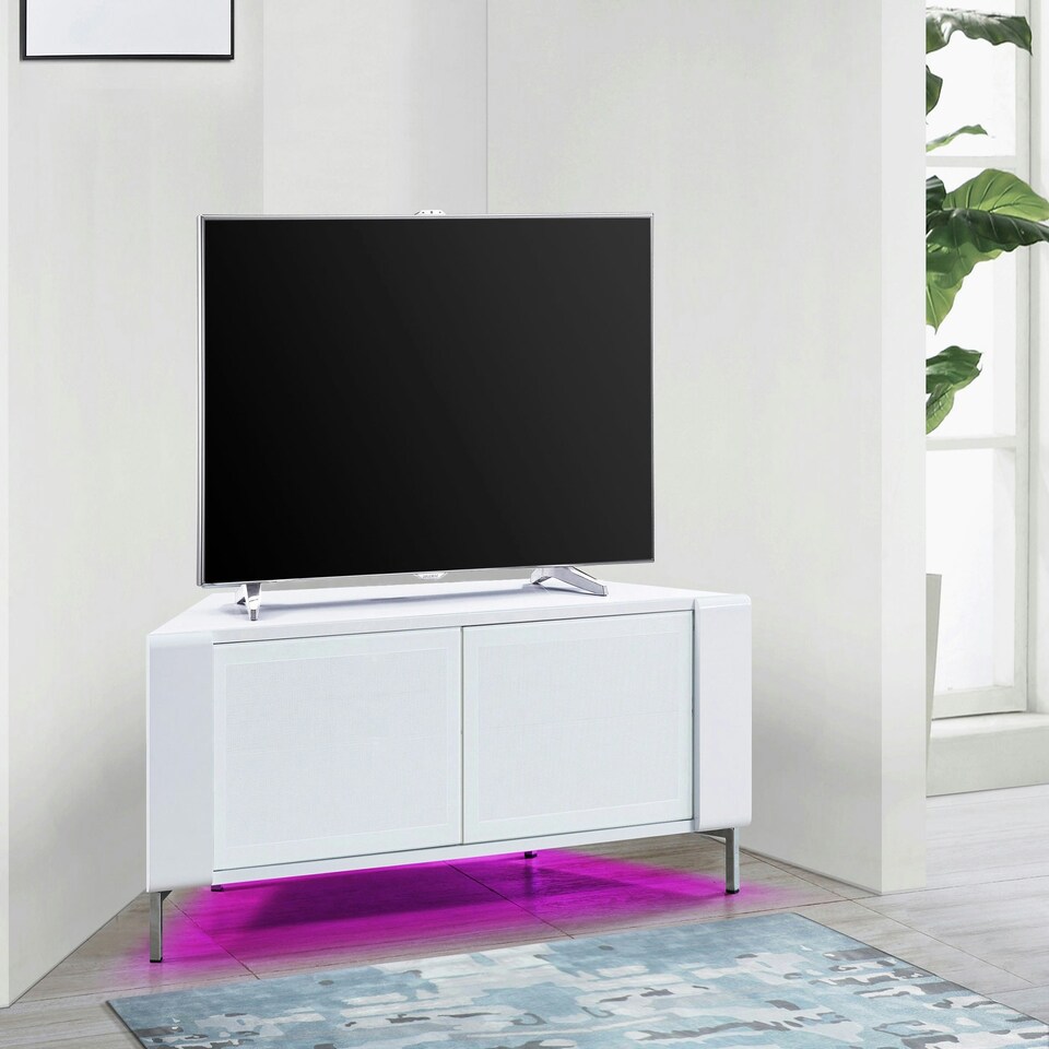 image 1 of MDA Designs CORVUS Corner-Friendly Gloss White Contemporary Cabinet with White BeamThru Glass Doors for Flat Screen TVs up to 50" with 16 Colour LED Lights White