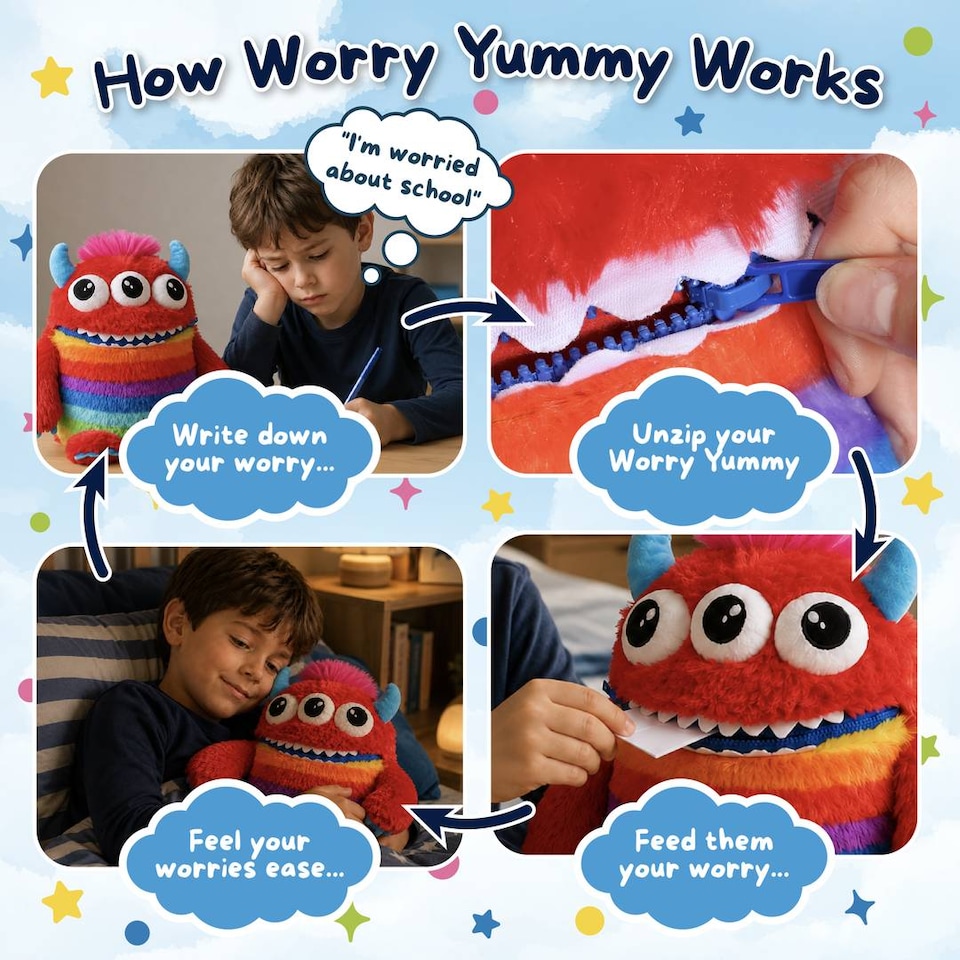 image 1 of Kids Worry Yummy Monster Cuddly Plush Toy Gift Set of 3 - Jumbo, Large and Clip-On Sizes Included