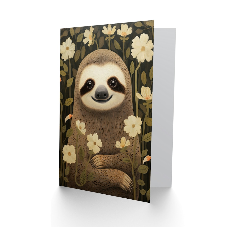 image 1 of Cute Sloth in White Flower Meadow For Her Floral Birthday Card