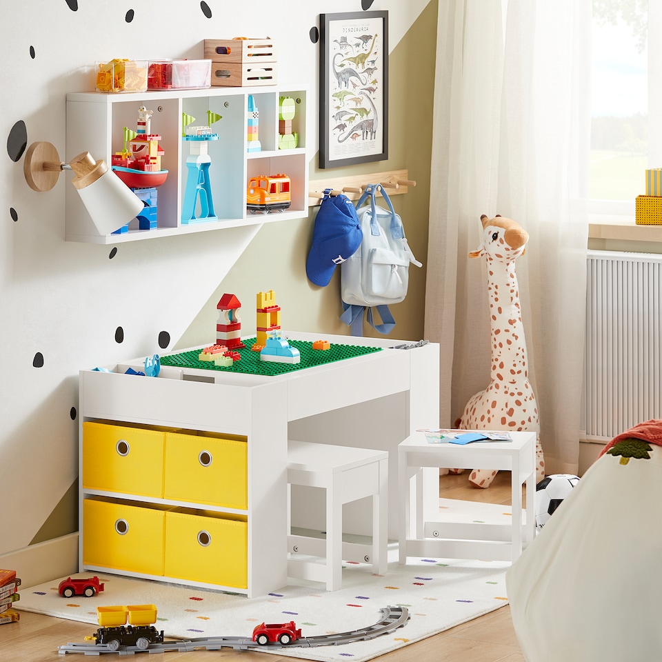 image 1 of SoBuy KMB75-W,SoBuy Kids Building Block Activity Table Set with Storage & 2 Stools | White | White