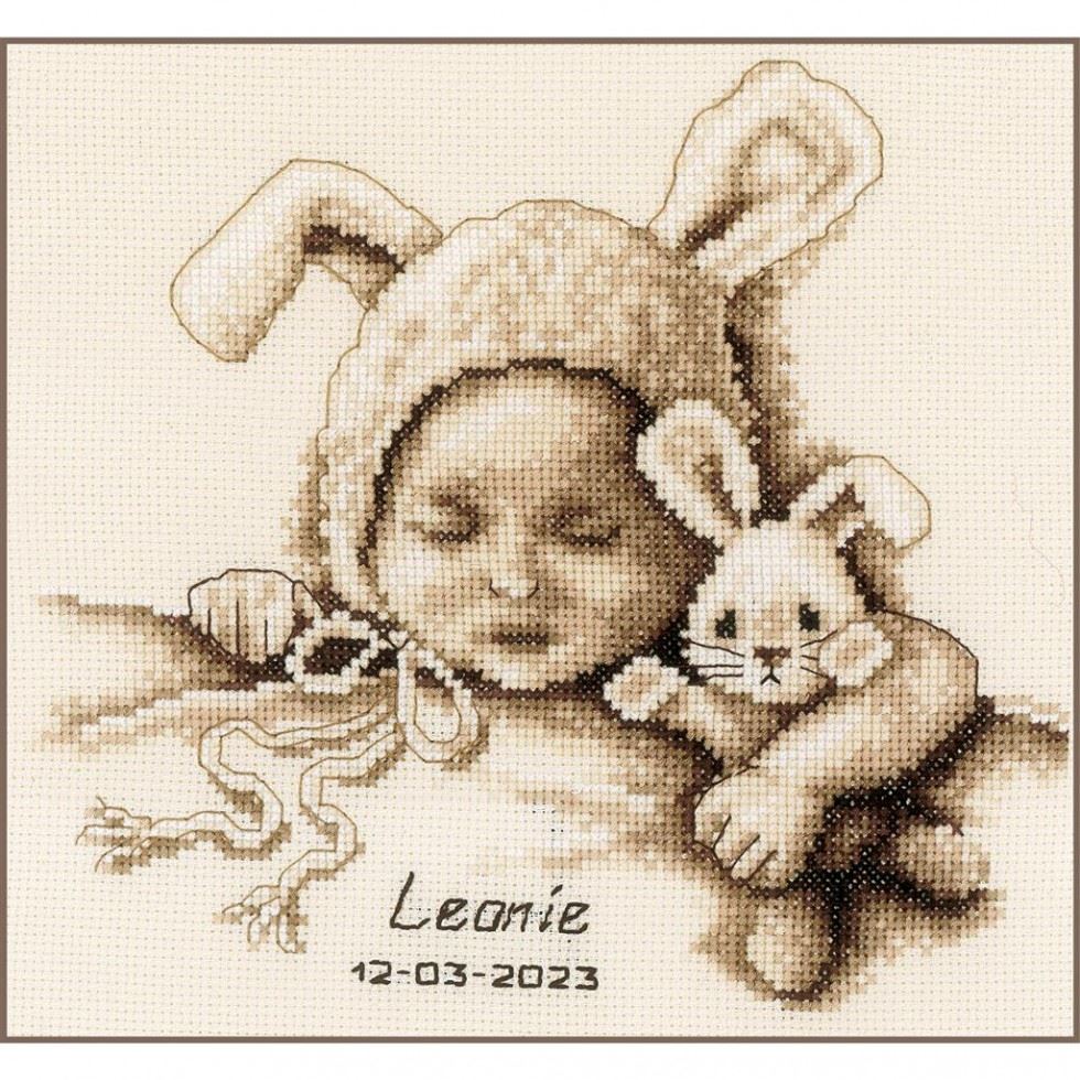 Vervaco Counted Cross Stitch Kit: Birth Record: Baby & Cuddly Rabbit in White