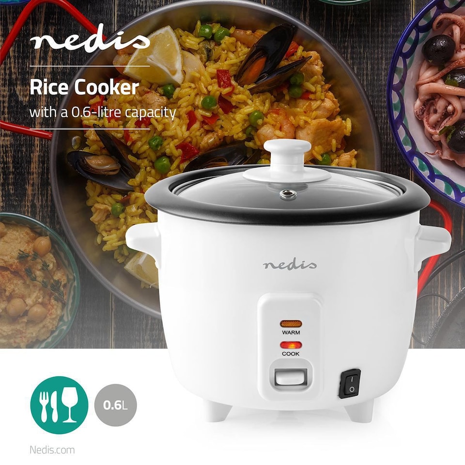 image 1 of Nedis 0.6L Rice Cooker & Steamer with Keep-Warm Function, 300W, for 1-2 People, Quick Preparation Without Burning, Non-Stick Coating incl. Steamer Insert