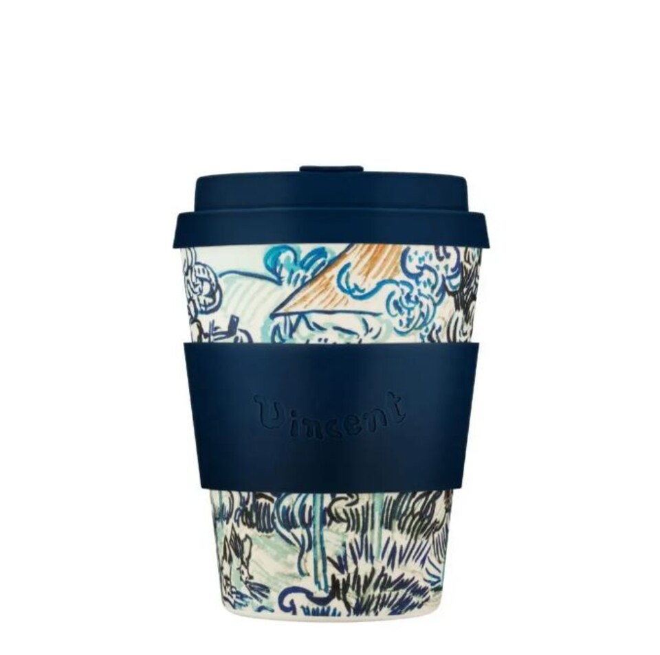 image 1 of Ecoffee Cup 12oz 350ml Van Gogh Design Reusable Eco-Friendly, Plant Based Coffee Cup with Silicone Lid & Sleeve, Old Vineyard with Peasant Woman | Multi | Old Vineyard with Peasant Woman