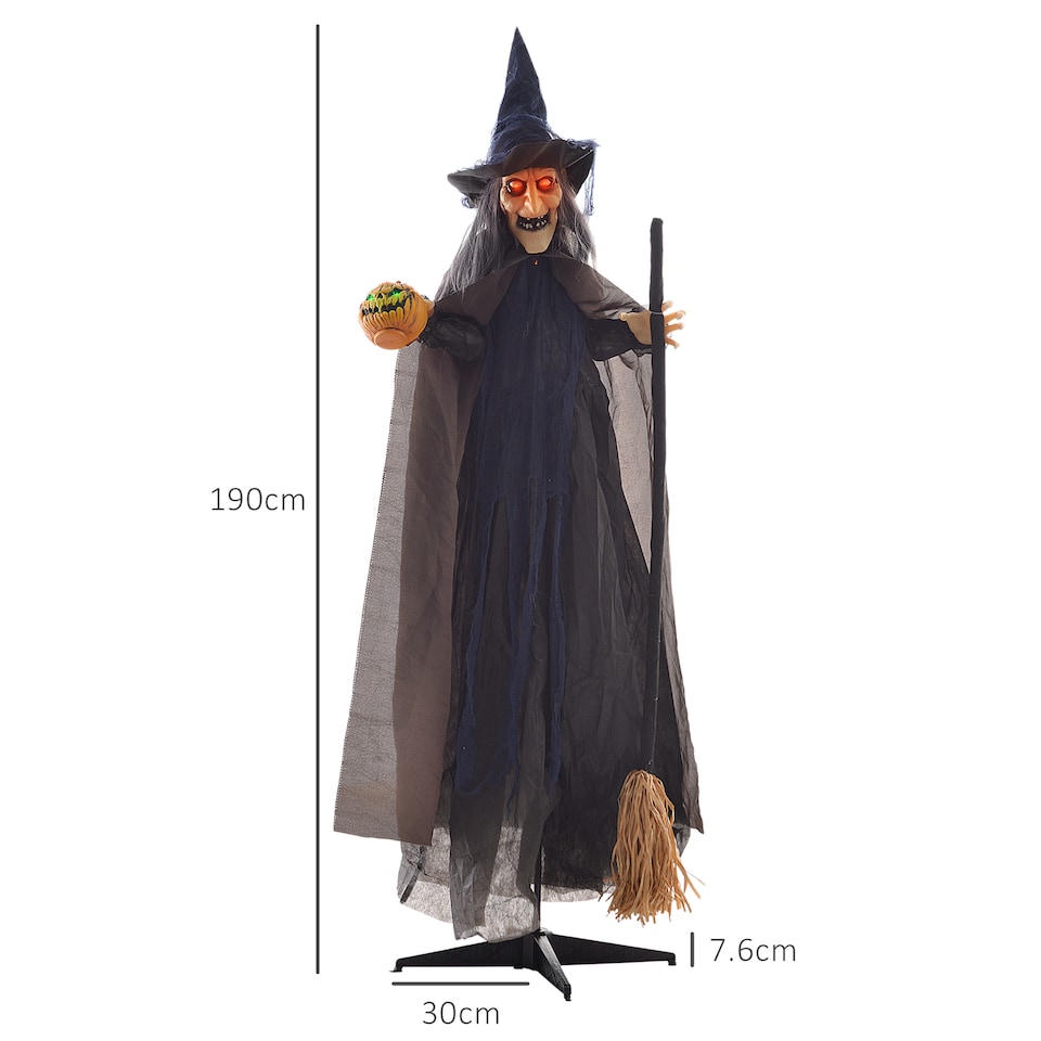 image 1 of HOMCOM 190cm 75 Witch with Broomstick Outdoor Halloween Decoration, Halloween Animatronic with Sound Activated, Light Up Eyes, Sound Effects, Animated Prop for Haunted House