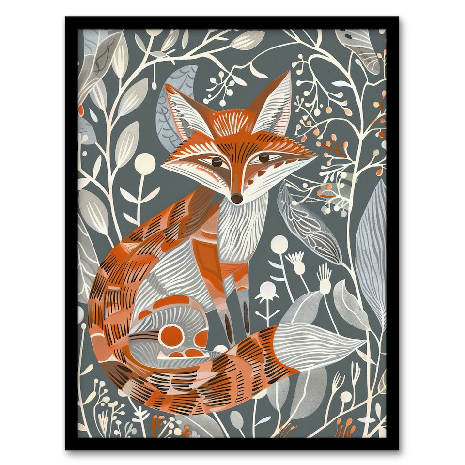 image 1 of Woodland Folk Art Grey Rustic Wildflowers Black Framed Wall Art Print A4