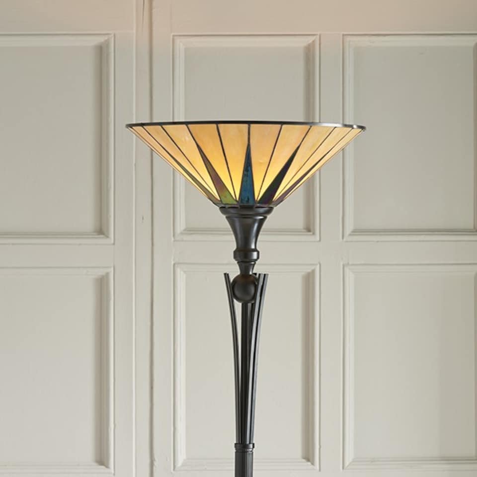 image 1 of Dark 1 Light Floor Lamp Uplighter Black, Tiffany Style Glass, E27