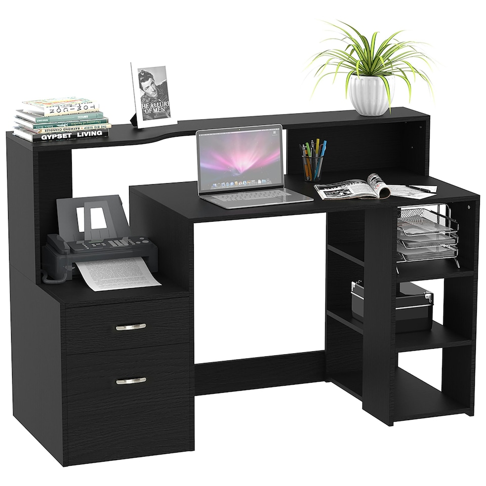 image 1 of HOMCOM Multi-Storage & Workstation Desk Table Storage Shelves Home Office Black