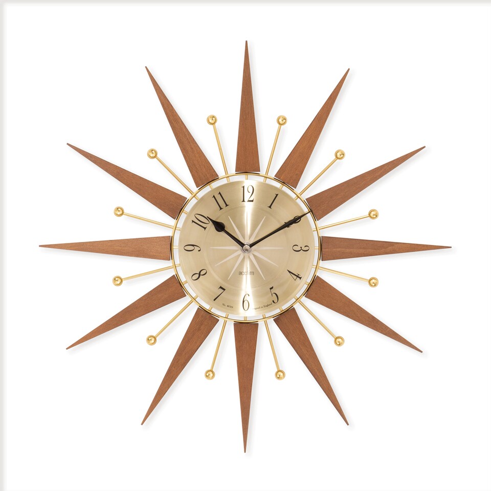 image 1 of Acctim Wolcott Large Wall Clock Sunburst Quartz Mid-century Metal & Wooden Spoke Dark Wood 50cm