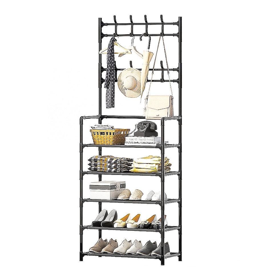 image 1 of Living and Home 5-Tier Freestanding Coat Rack with Shelves - 60x175cm Black