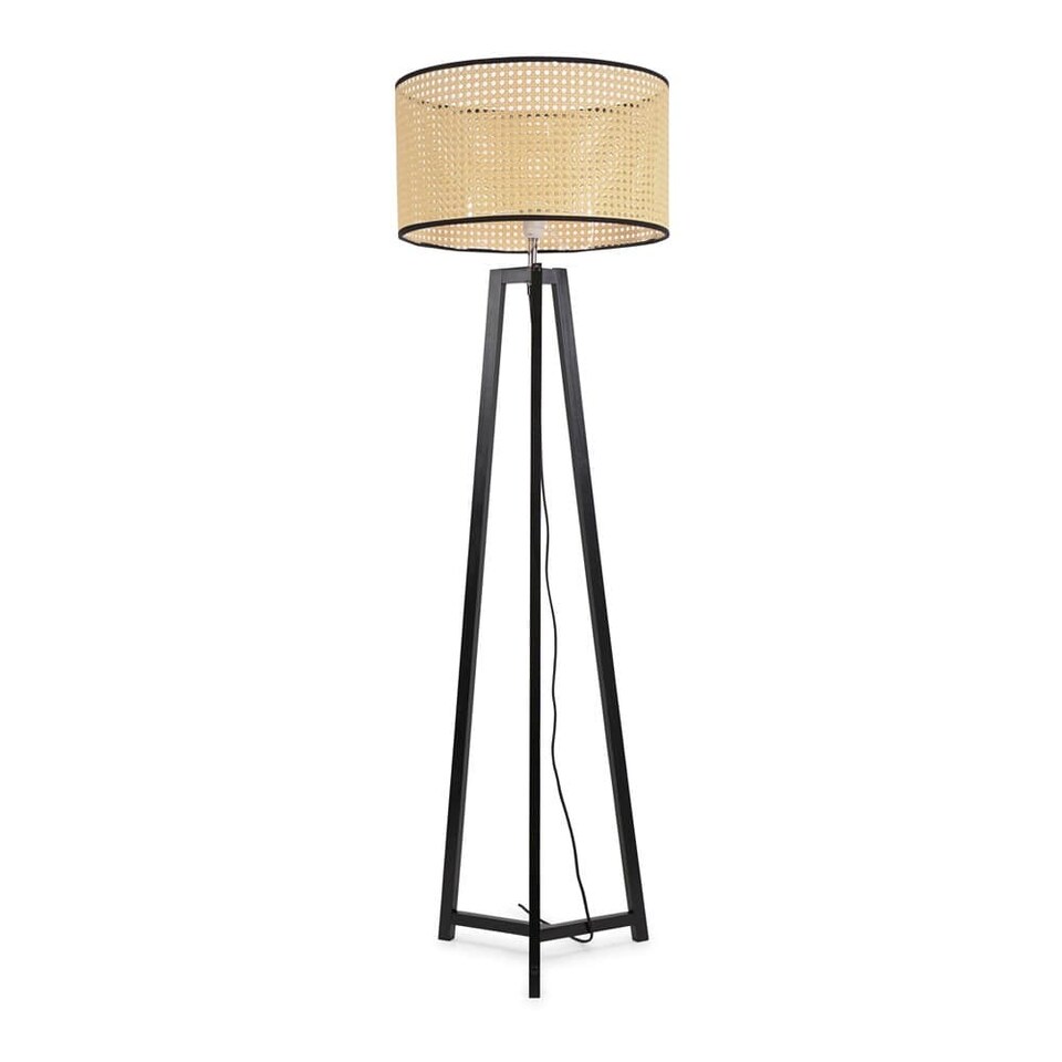 image 1 of ValueLights Lottie Black Wood Tripod Floor Lamp Natural Cane Shade