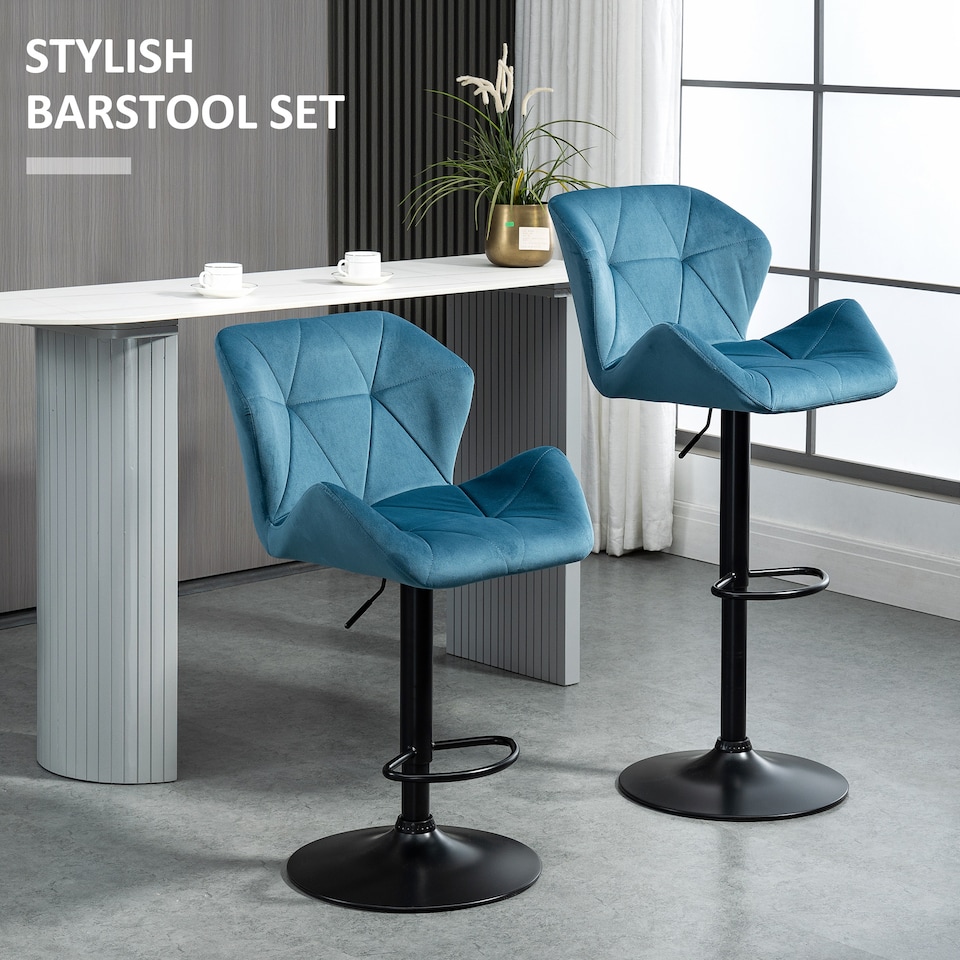 image 1 of HOMCOM Bar Stools Set Of 2, Luxurious Velvet-Touch Barstools with Metal Frame Footrest Round Base Triangle Indenting Moulded Seat Adjustable Height Swivel Blue