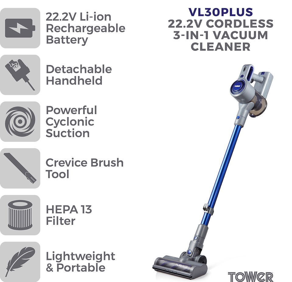image 1 of Tower VL30 Cordless 3-in-1 Vacuum Cleaner with HEPA Filter, 1L, 150W, 22.2V, Blue & Grey, T513003