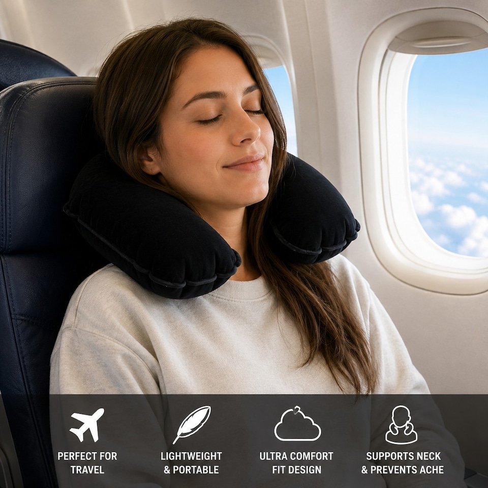 image 1 of Inflatable Travel Neck Pillow Black Soft Velour Air Cushion for Plane Car Train Coach Travel