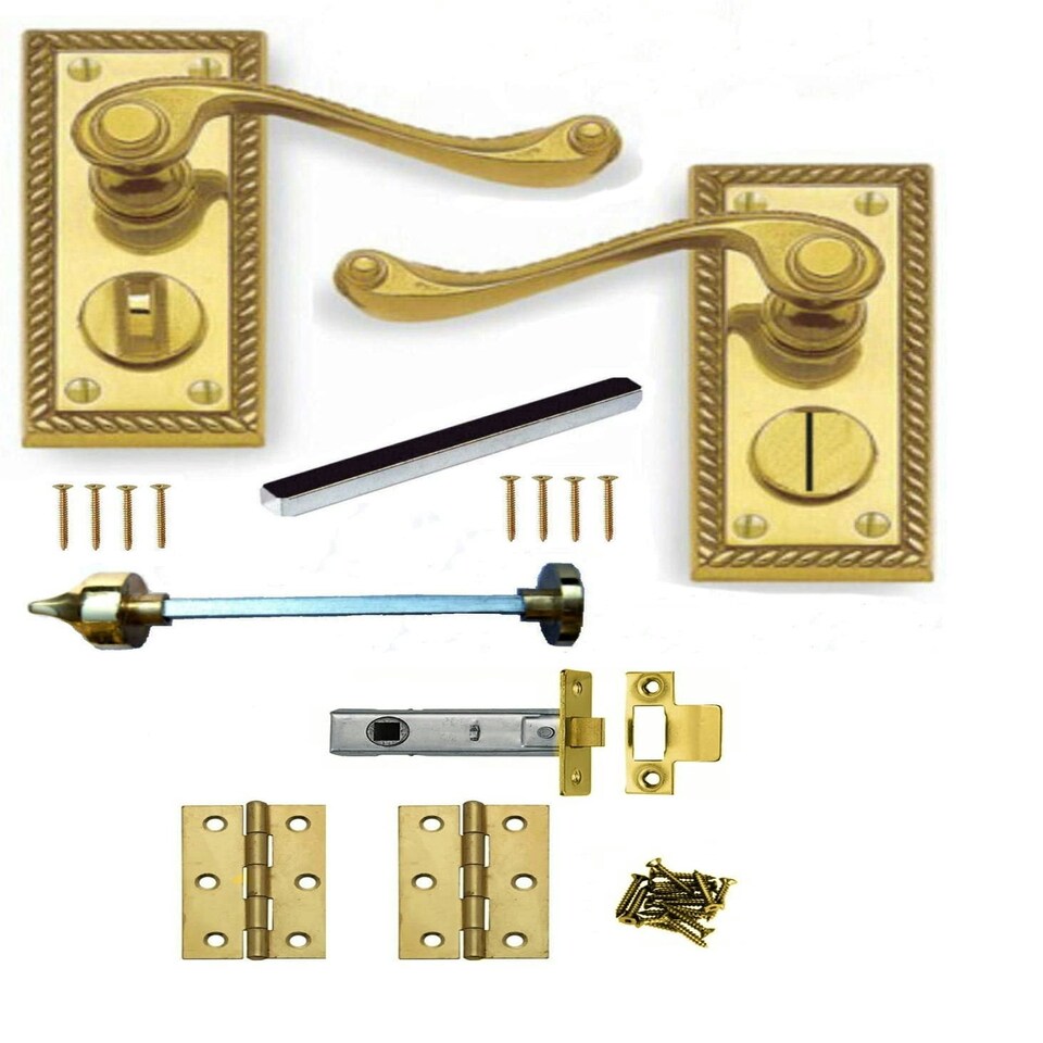 Golden Grace Georgian Design Privacy WC Door Handles in Polished Brass Finish with Hinges and Latch - 107mm x 48mm Gold