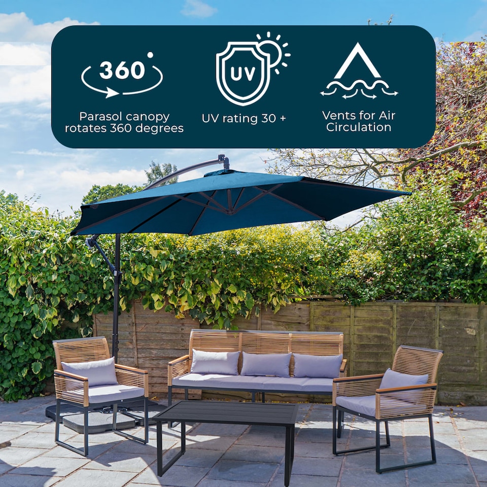 image 1 of JSH Apollo Banana Cantilever Parasol with Built in LED Lights for Garden Patio Sunshade - Navy Blue