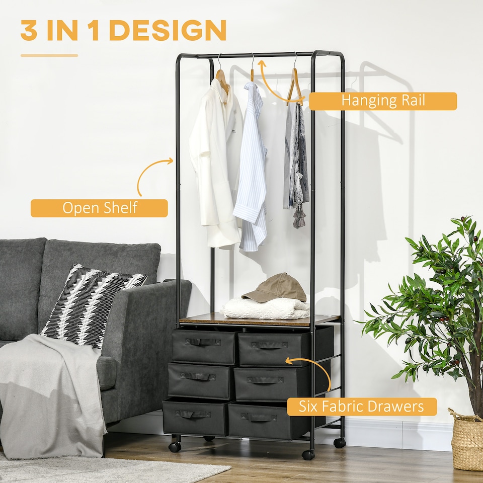 image 1 of HOMCOM Industrial Hanging Clothes Rail, Clothes Rack with 6 Fabric Drawers, Open Wardrobe Organiser for Hallway, Bedroom and Closet, Rustic Brown
