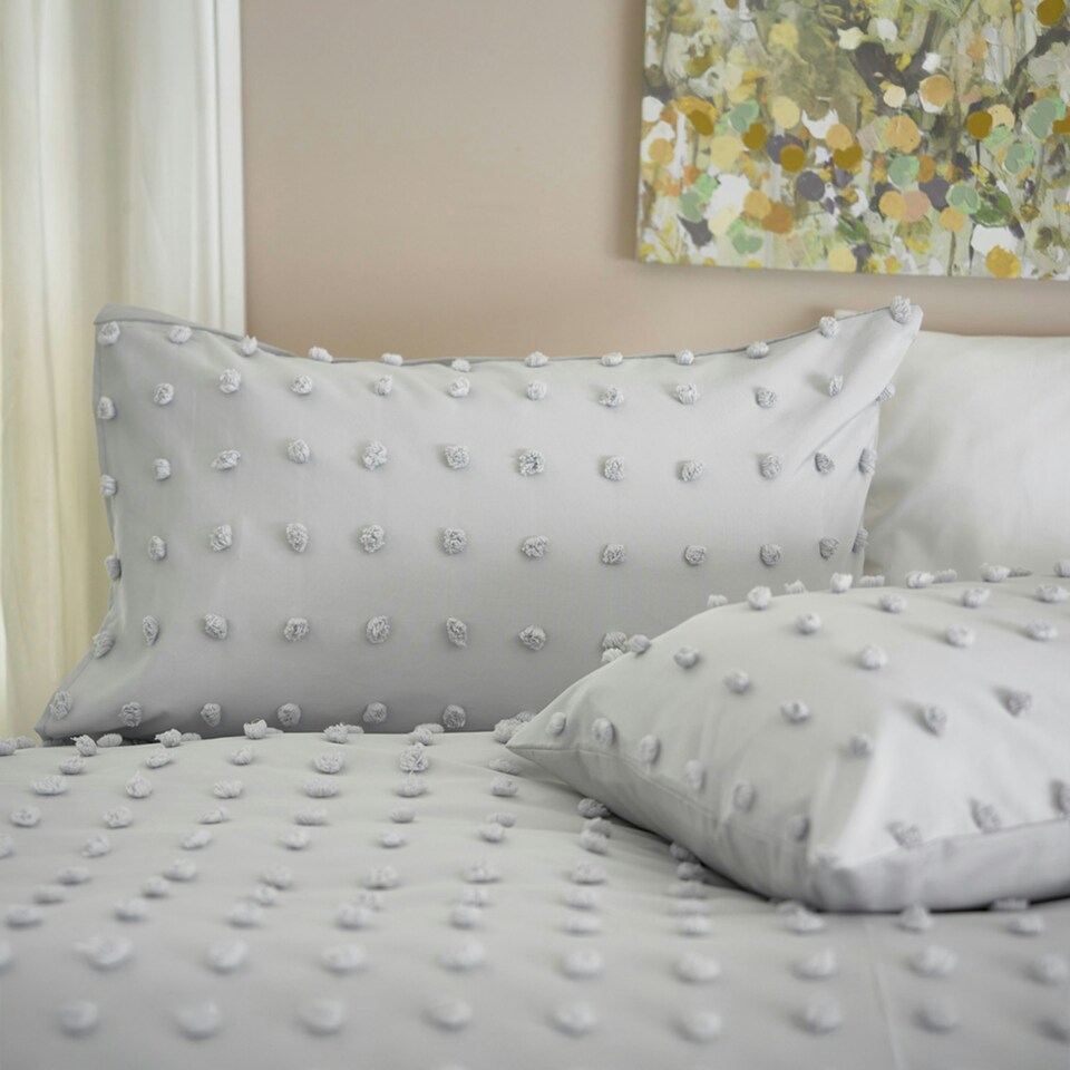 image 1 of Luxury Bobbled Fluffy Dots Tufted Microfibre Duvet Cover Set Grey | Grey | Super King