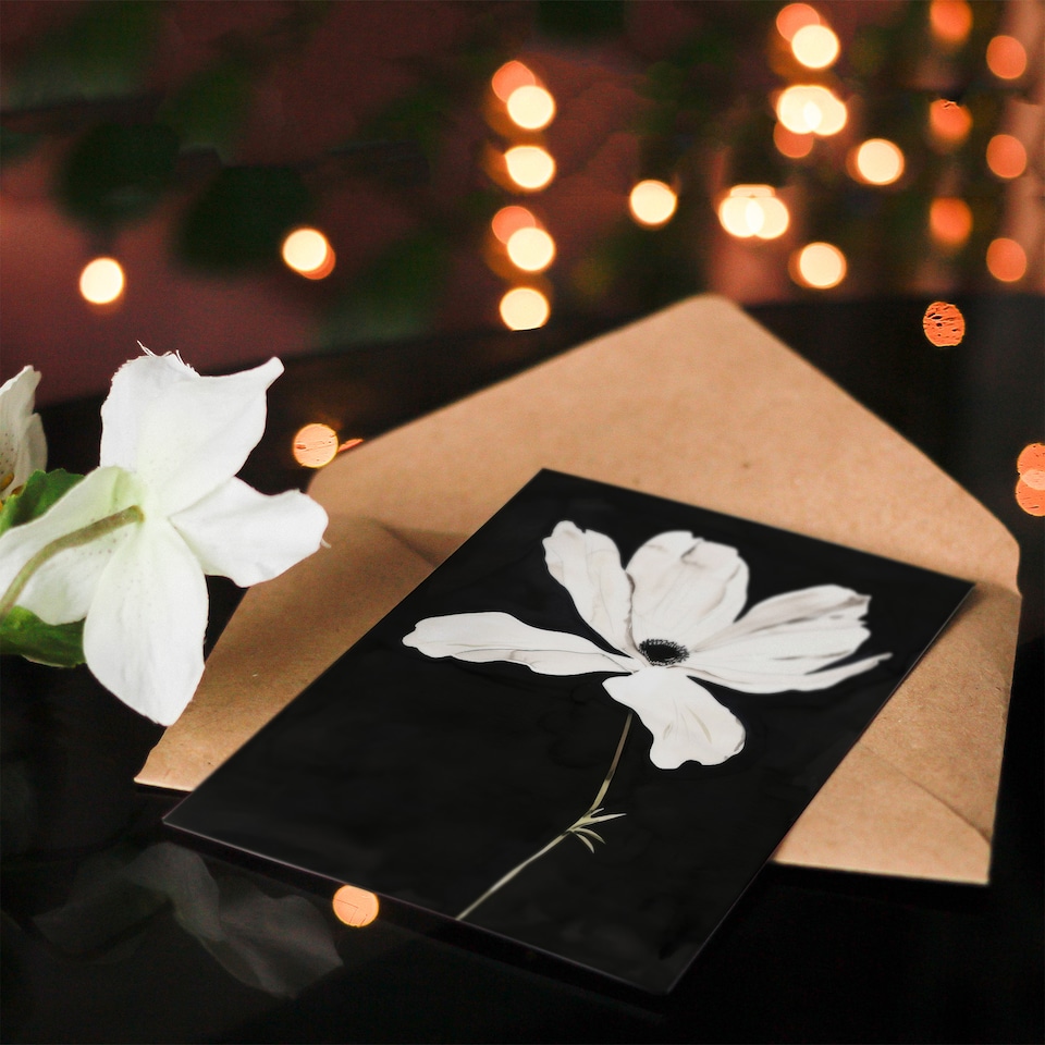 image 1 of Greeting Card White Flower Bloom Black Background Watercolour Sympathy