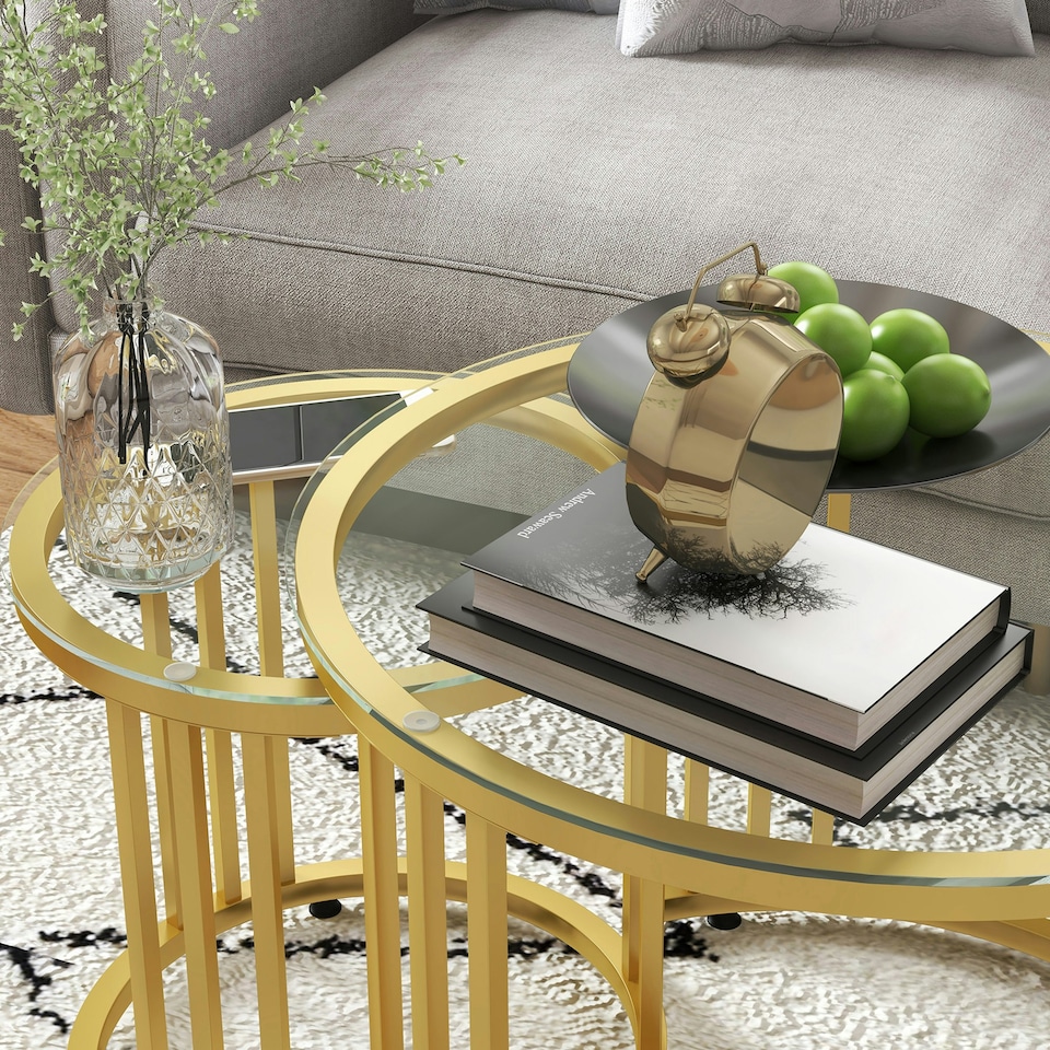 image 1 of HOMCOM 2 Pieces Round Nesting Coffee Tables with Tempered Glass Top, Gold Tone | Gold | 60x60x47