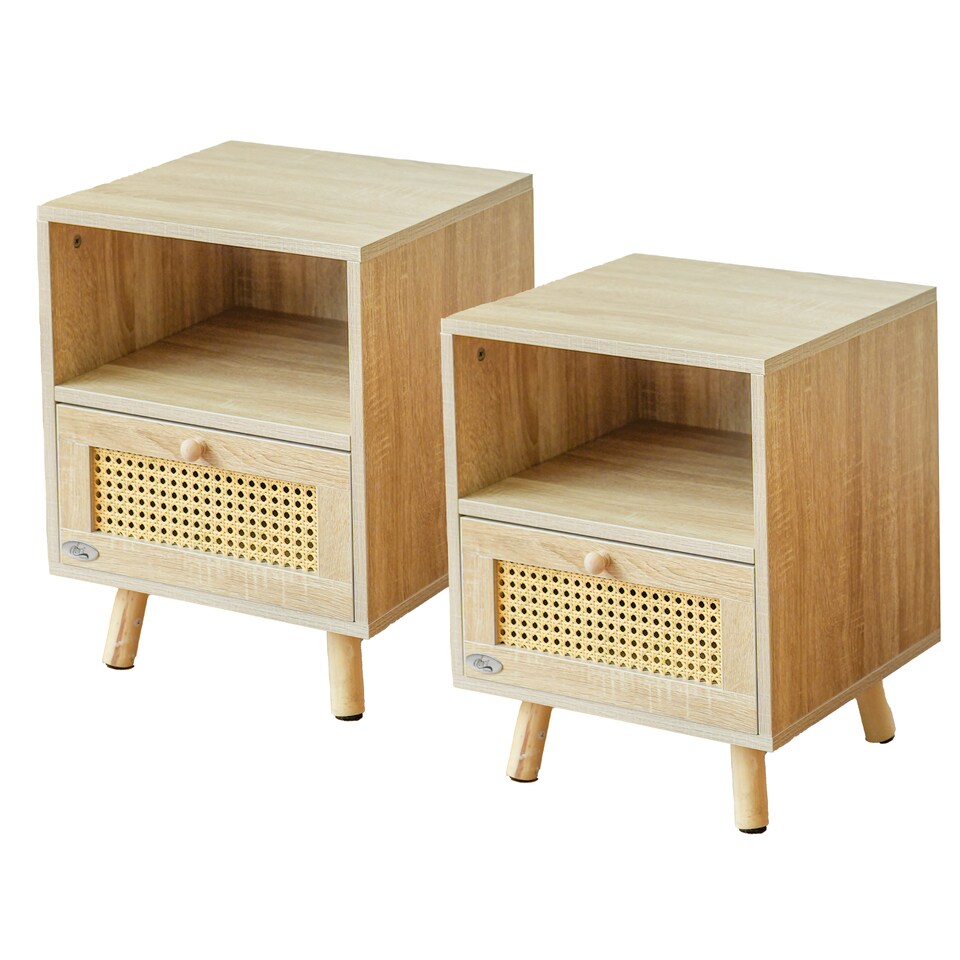 image 1 of Abrihome Set of 2 Rattan Nightstand Cabinet, with Saving Storage Space and Shelves