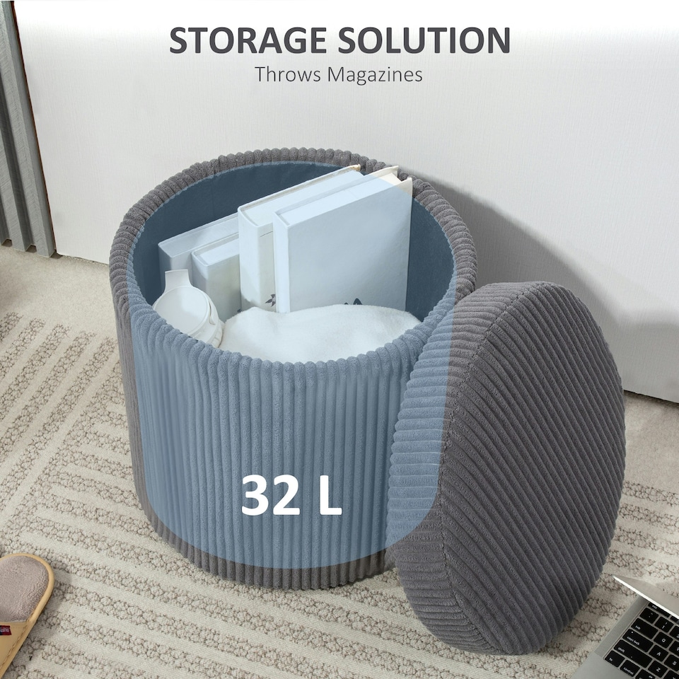 image 1 of HOMCOM Round Storage Ottoman with Lid, Vanity Stool with Storage, Grey Grey