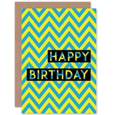 Zig Zag Stripes Retro Blue Yellow Birthday Greeting Card
