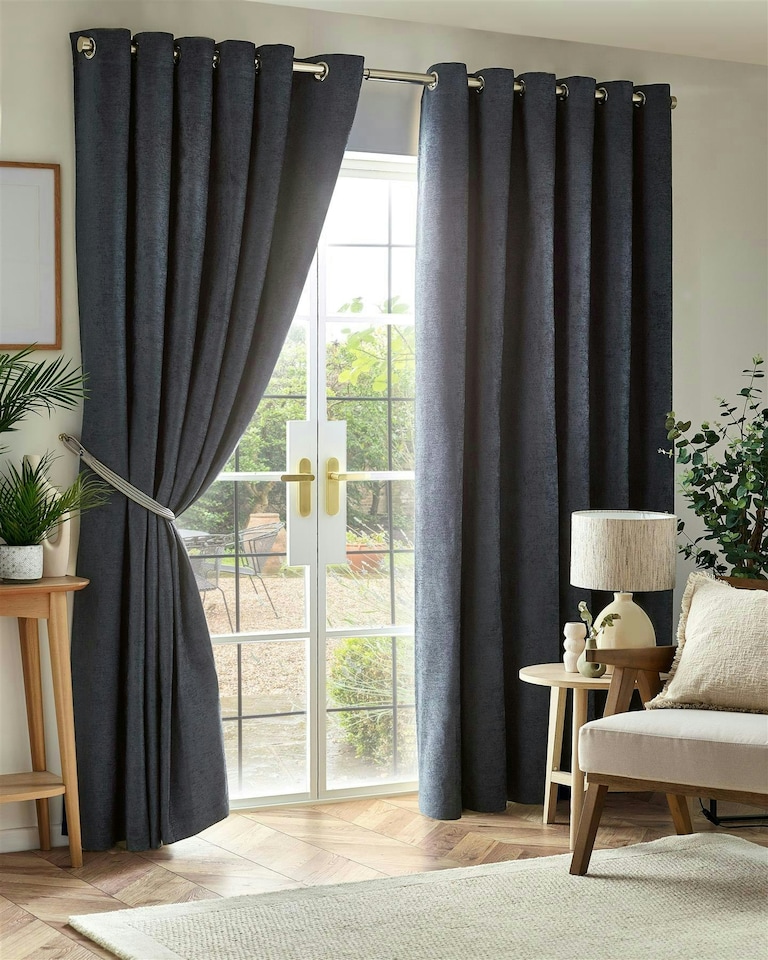 image 1 of Chenille Blackout Ring Top Eyelet Curtains - 168cm x 183cm - Charcoal