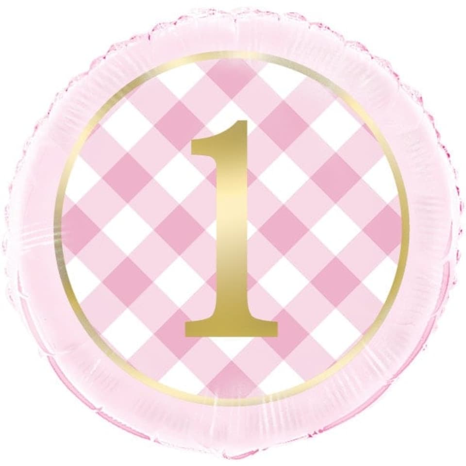 image 1 of Pink Gingham 1st Birthday Round Foil Balloon 18"