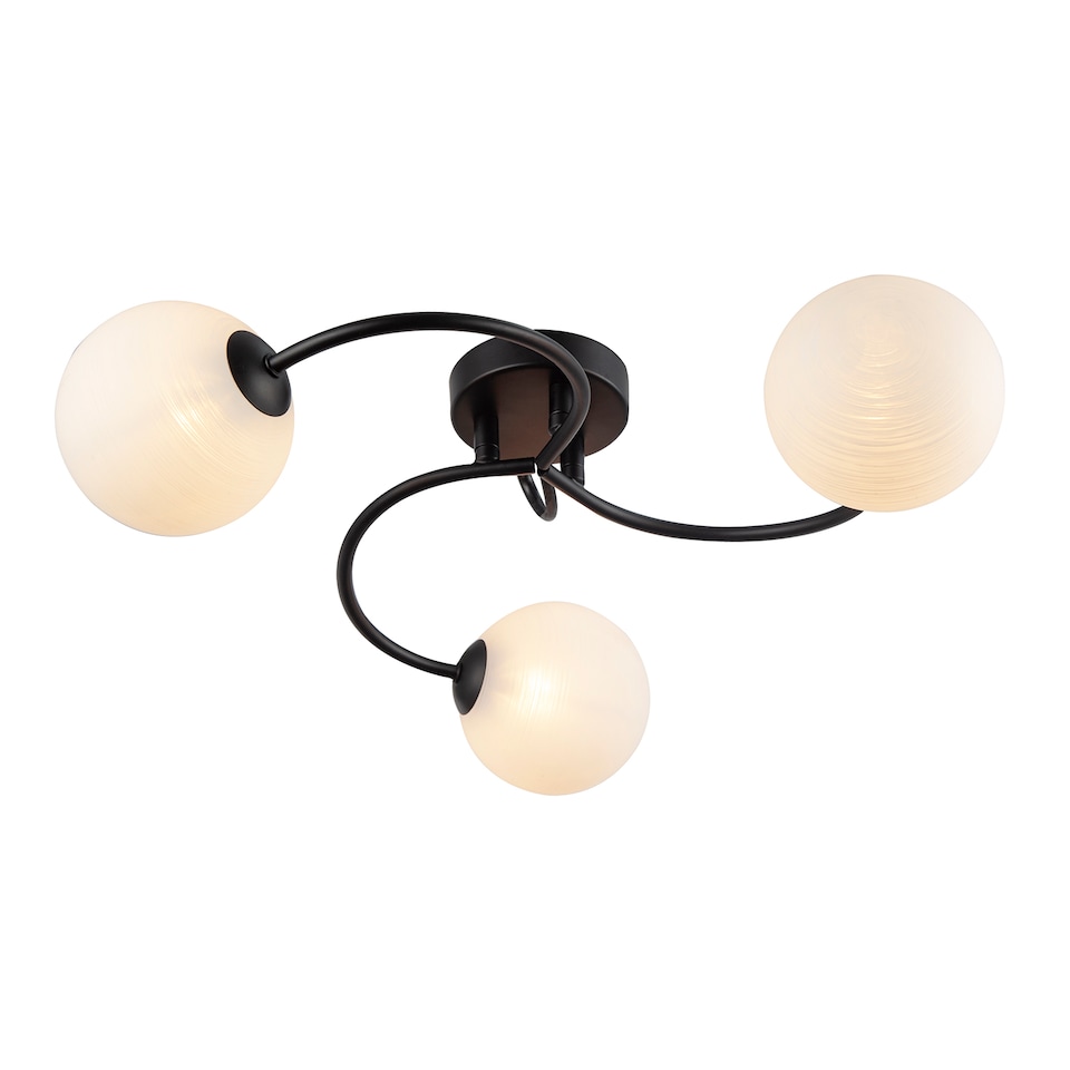 image 1 of Modern 3-Arm Matte Black Ceiling Light with Opal Swirl Glass Spherical Shades | Black