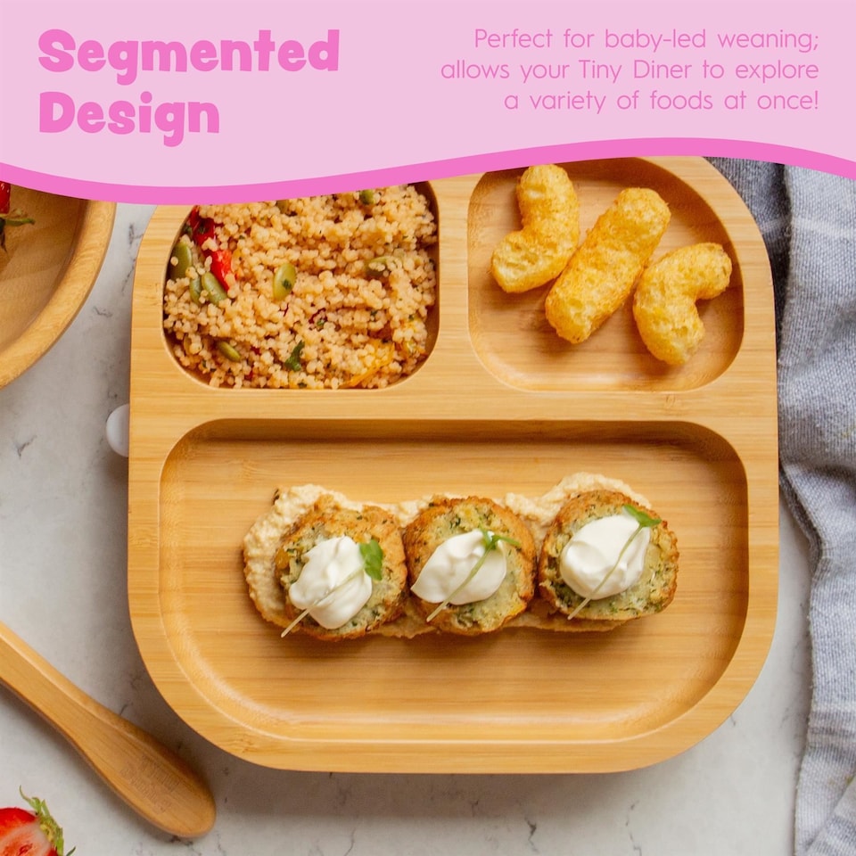 image 1 of Tiny Dining Bamboo Weaning Plate & Fork Set - Segmented/Pastel Pink - Divided Non-Slip Bamboo Self-Feeding Weaning Plate & Cutlery