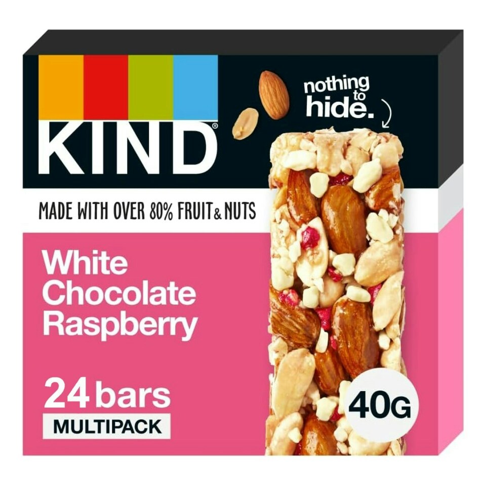 image 1 of Kind Bars, White Chocolate Raspberry, Healthy Snack, Gluten Free Snack Bars, No Artificial Colours, Flavours or Preservatives, Multipack 24 x 40g