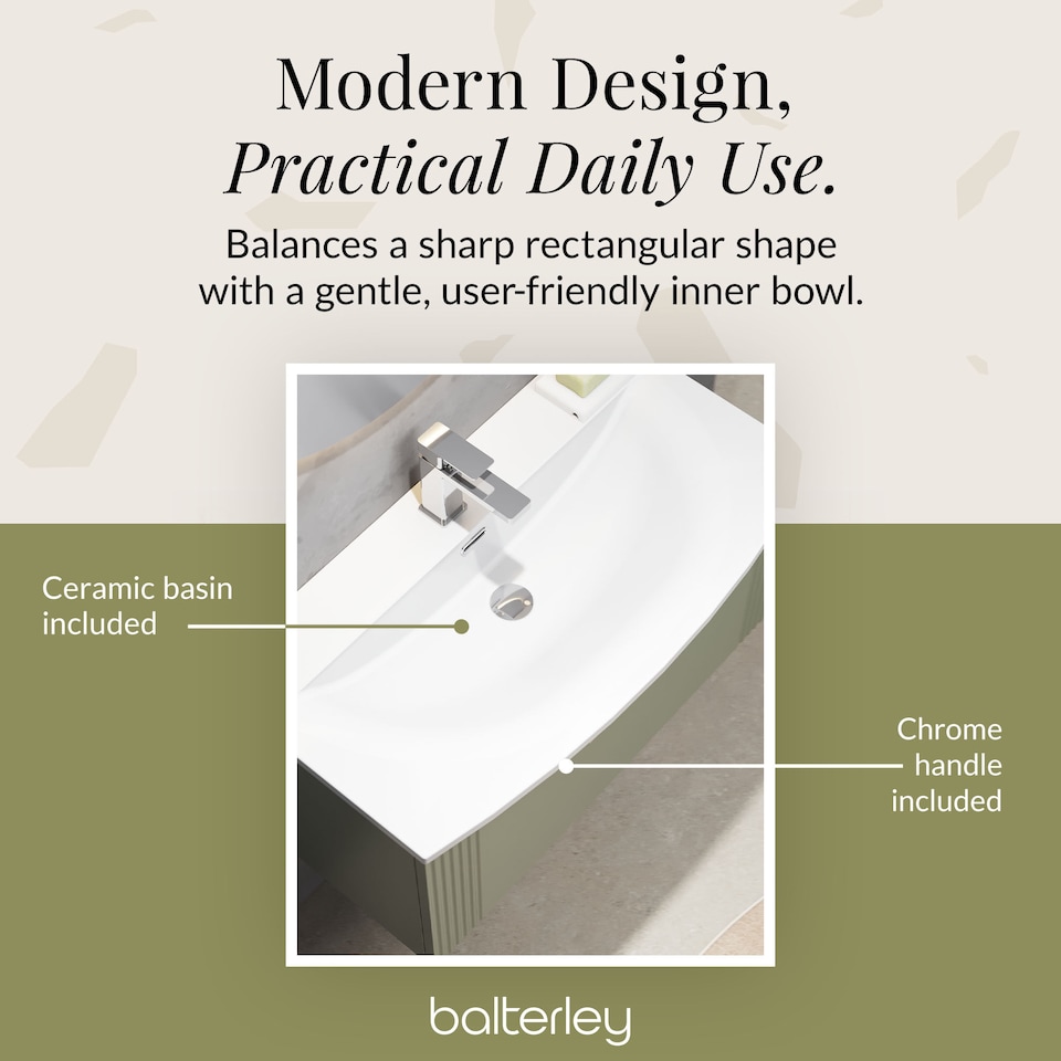 image 1 of Balterley Partial Fluted 1 Drawer Wall Hung Vanity Unit with 1 Tap Hole Curved Basin | Green | Satin Green
