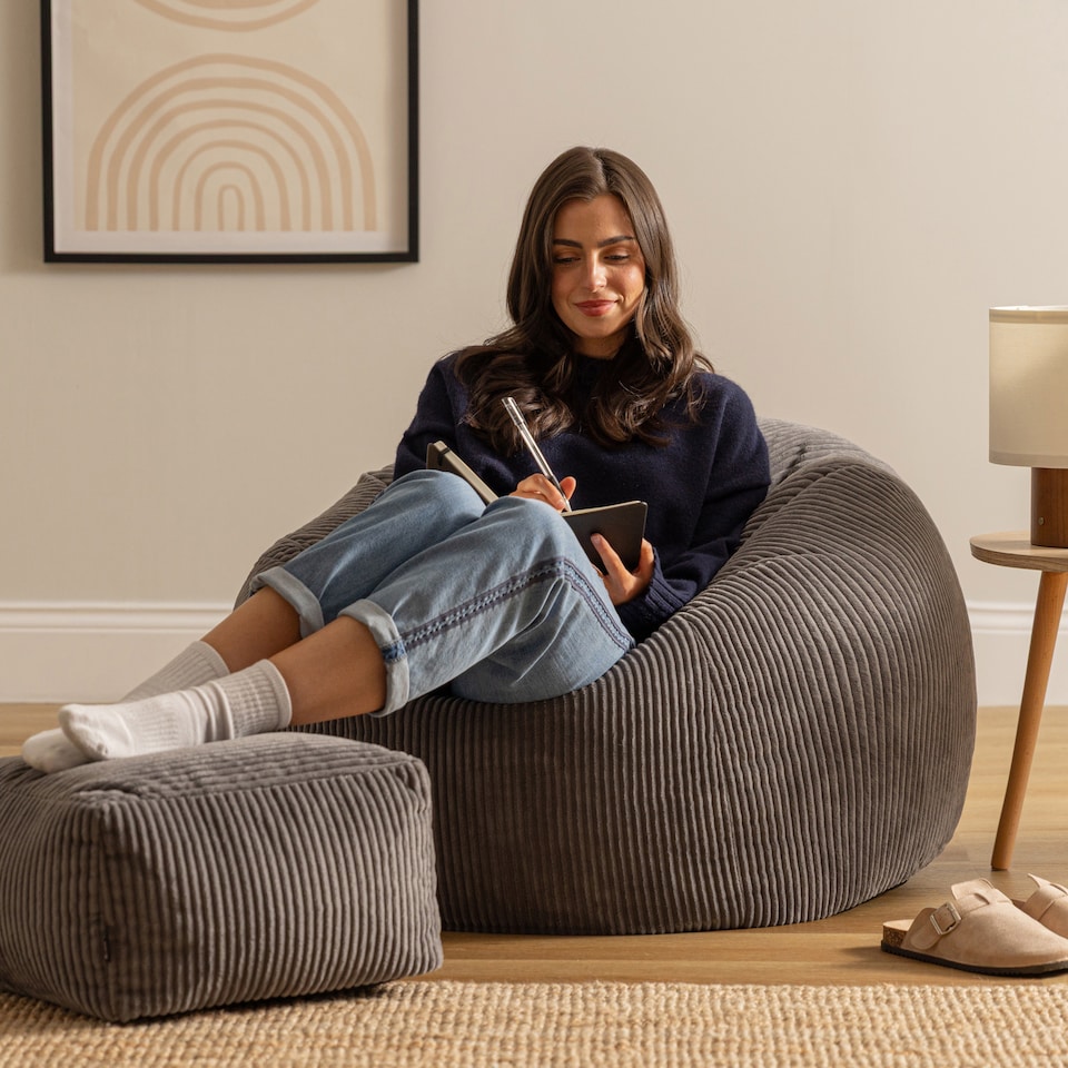 image 1 of Kingston Cord Adults Bean Bag Chair and Pouffe, Ready Filled Beanbag and Footstool Charcoal Grey | Grey | Charcoal Grey | 2