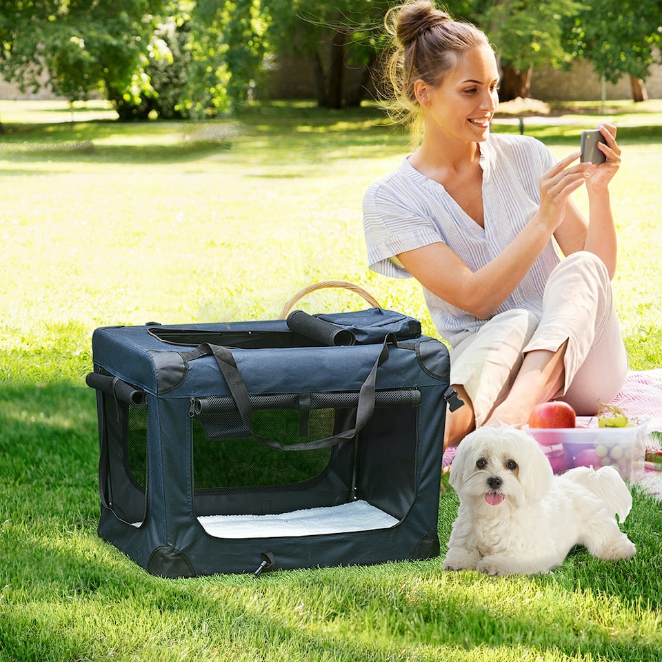 image 1 of PawHut Folding Pet Carrier Bag House W/ Cushion Storage, Dark Blue 60x41.5x41cm