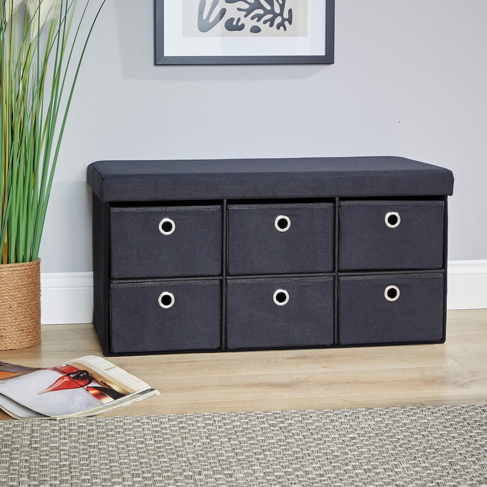 image 1 of Folding Ottoman Storage Bench 6 Drawer Compact Space-Saving Furniture | Black