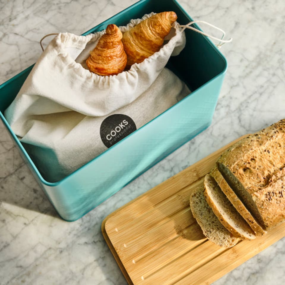 image 1 of Cooks Professional Diamond Pattern Bread Bin with Linen Bag & Bamboo Cutting Board Lid | Green | Teal | 1