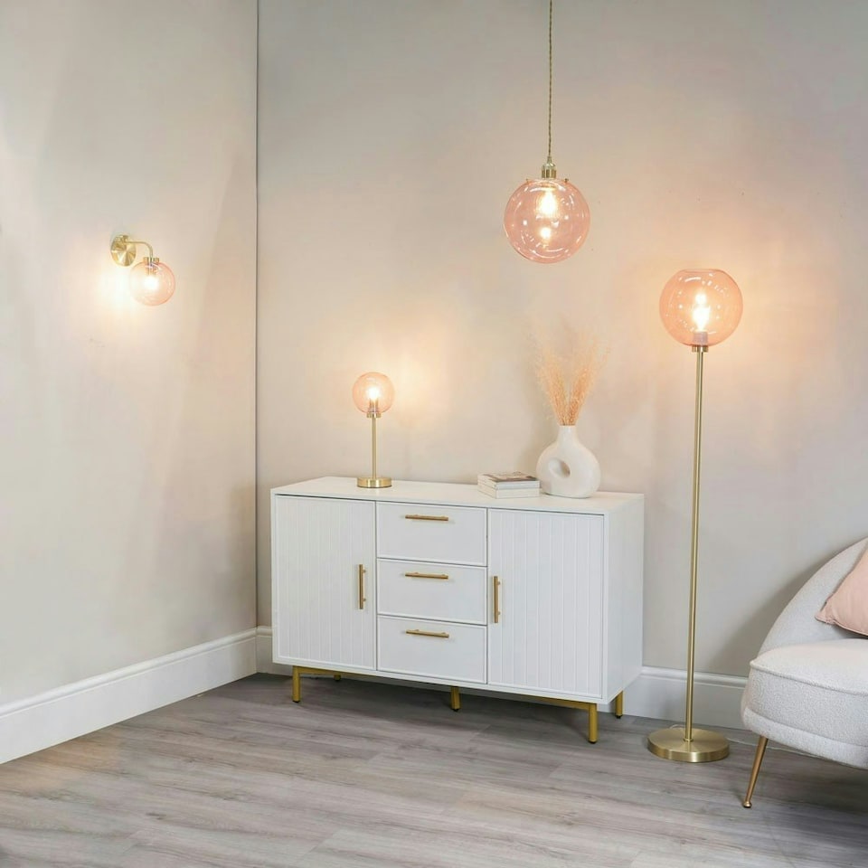 image 1 of ValueLights Frenchie Pink Tinted Glass Globe Gold Stem Table Lamp with LED Bulb