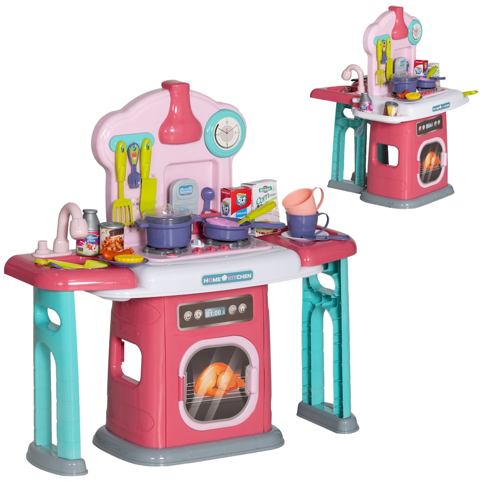 image 1 of AIYAPLAY Toy Kitchen, 45-Piece Kids Kitchen with Rotating Side Tables, Toddler Pretend Role Play set with Light, Sounds, Spray Effect for Ages 3-6 Years, Pink