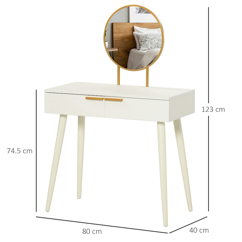 image 1 of HOMCOM Modern Dressing Table w/ 2 Drawers Round Mirror for Bedroom White