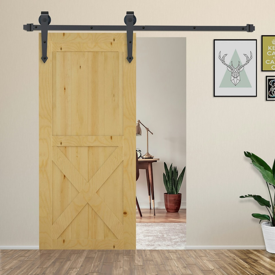 image 1 of HOMCOM Sliding Wood Barn Door Track System Kit Hardware Set Stainless Steel | Brown | 200 cm x 4 cm x 0.6 cm