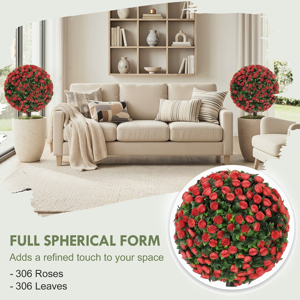 image 1 of HOMCOM Artificial Rose Topiary, UV Resistant, 2-Pack, 55 cm