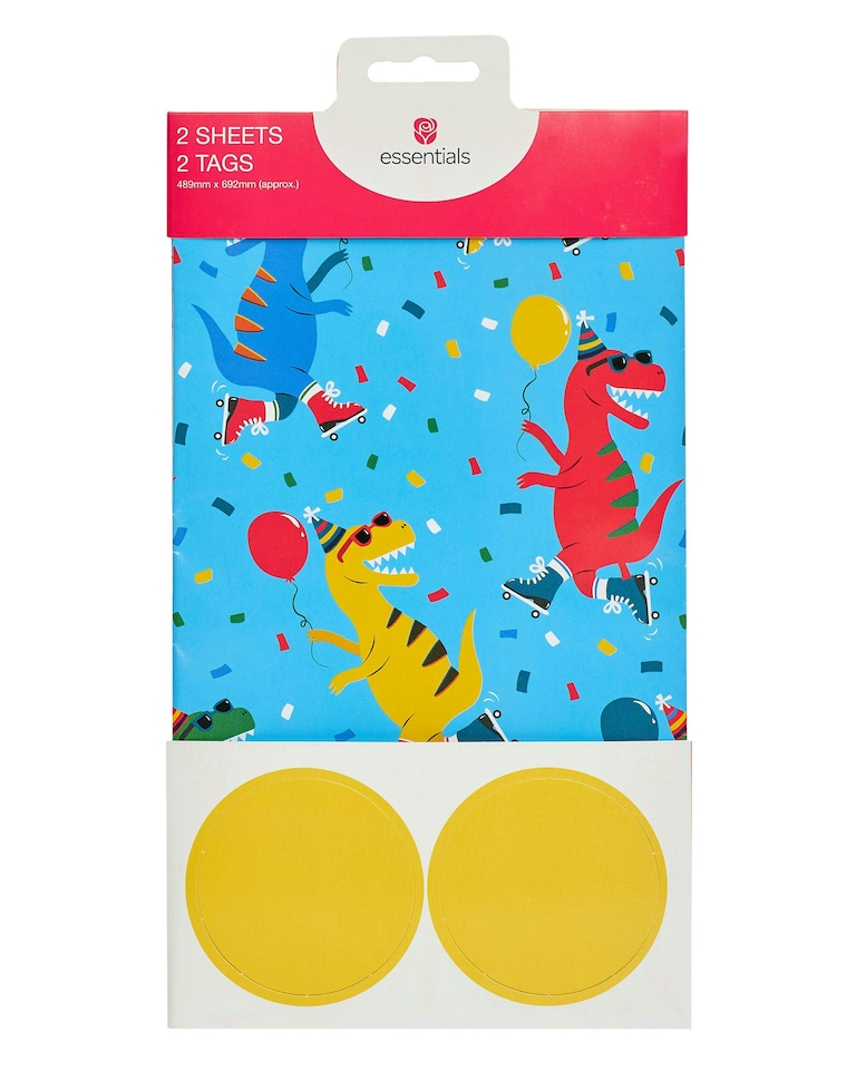 image 1 of Multipack of 6 Sheets of Wrapping Paper & 6 Tags | Birthdays | For Boys | Dino Design | Blue