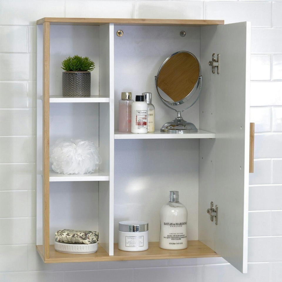 image 1 of Showerdrape Cassino Matt White & Bamboo Wall Bathroom Cabinet with Display Shelves