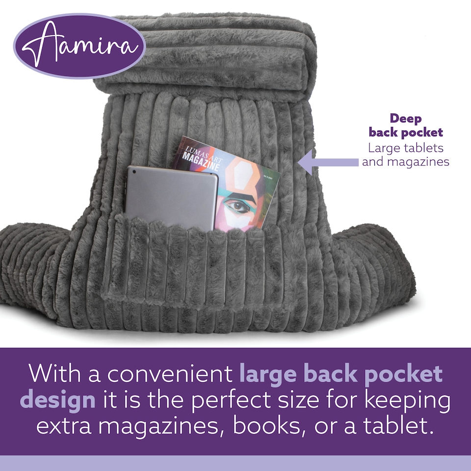 image 1 of Aamira Reading Pillow Grey Faux Fur Ribbed Memory Foam Support Cushion | Grey | Grey | Standard | 1